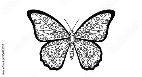 Detailed line art illustration of an ornate butterfly with intricate patterns suitable for nature or vintage themes.