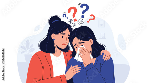 Compassionate woman comforts her crying female friend who is overwhelmed with confusion and sadness shown by question marks above her head.