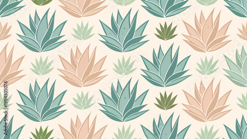 Vibrant agave plant pattern with soft colored shapes on cream background for design