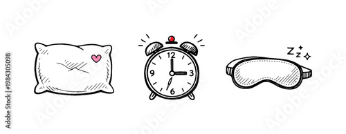 Sleep theme a horizontal row of 3 related hand-drawn objects on a white background: a soft pillow with a slightly indented center and a tiny pink heart detail, a simple