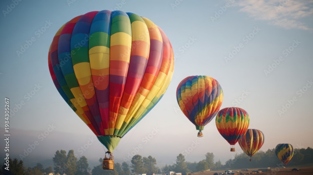 Fototapeta premium A fleet of brightly colored hot air balloons ascending into a clear, hazy sky over a distant tree line, creating a breathtaking spectacle of flight and adventure.