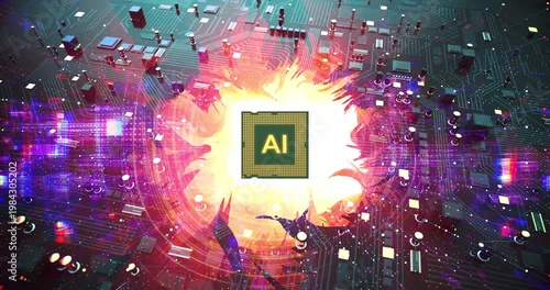 Artificial intelligence chip glowing with fire on a computer board. AI Technology Related 3D Computer Animation.