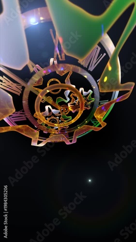 A surreal cosmic clock with rotating gears floats within a glowing galaxy, symbolizing the infinite flow of time, universal motion, and the connection between mechanics and the cosmos.
