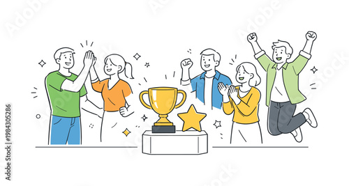 A recognition and achievement scenario where individuals celebrate success after reaching important goals, illustrated through a clean scene featuring a trophy cup placed