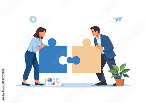 A team collaborating to overcome challenges and complete a shared objective, illustrated by two people assembling large interlocking puzzle pieces together, conveying