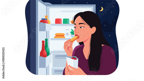Hungry young woman indulges in a late-night snack directly from the open refrigerator in her kitchen under a crescent moon.