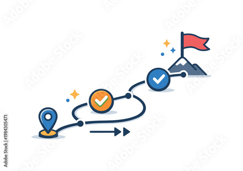 Career progress journey highlighting long-term planning and reaching professional goals, a roadmap with connected points leading to a flag and a small checkmark symbol
