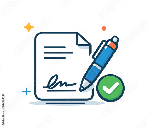 Document signing process focused on finalizing agreements and approvals in a professional or legal environment, a simple document connected to a pen icon representing