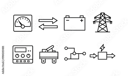 Electrical systems and flow: voltage meter, current arrows, battery cell, power line, control panel, relay switch, circuit path, energy flow diagram.