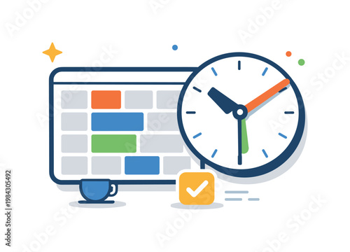 Time blocking and structured daily planning focused on organizing tasks into dedicated intervals for maximum efficiency, a calendar grid combined with a clock and