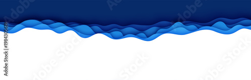 Wavy border in paper cut style. 3d abstract background with cut out deep waves modern cover. Blue color layers with smooth shadow papercut art. Vector card illustration origami environment template