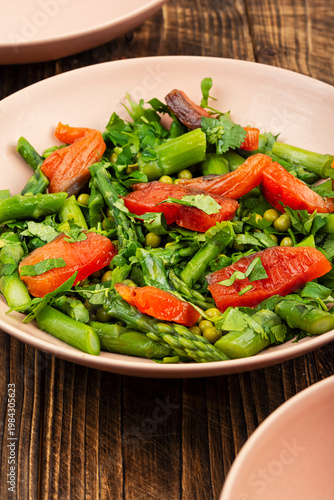 Healthy Seafood Salad with Trout, Asparagus and Greens.