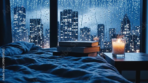 Bedside view of rainy cityscape at night for environmental projects, nature documentaries, and commercials