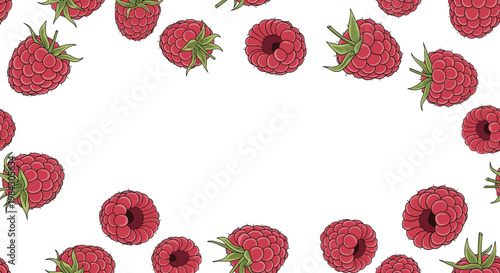 Seamless pattern of fresh red raspberries and leaves perfect for summer food design or organic textile wallpaper.
