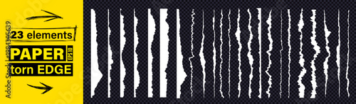 Clean white recycled sheet with jagged torn paper rip edge effect. Vector illustration set of page piece blank card tag label banner divider claw cut line. Cardboard tear edge clipart bundle kit.