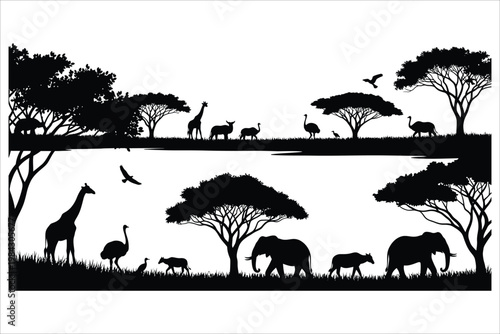 Silhouettes of african wildlife in a serene savanna landscape