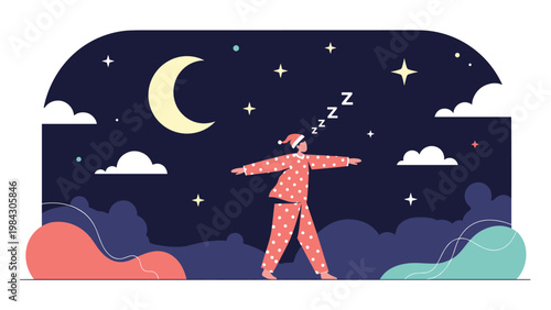 Young child in polka-dot pajamas sleepwalks across the room under a starry night sky with a crescent moon and fluffy clouds.