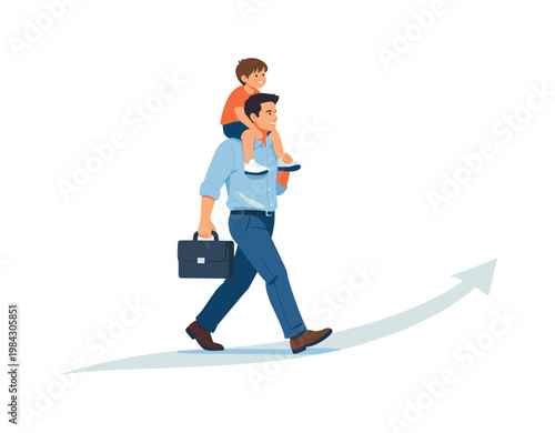 A father balancing responsibility and affection in modern family life, depicted as a man carrying a child on his shoulders while walking forward with a subtle upward path