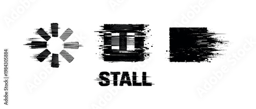 Digital system freeze and fatal stall theme, a set of 3 glitch-distorted monochrome objects placed on a perfectly clean white background, each object exhibiting its own