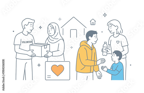 A humanitarian aid situation where volunteers support refugees with essential supplies and guidance, illustrated by a small group exchanging items near a symbolic