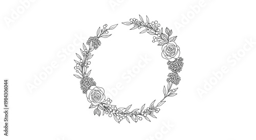 Elegant floral wreath outline drawing of roses and leaves perfect for vintage wedding invitations or nature decor.