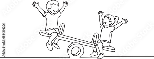 Children so happy playing seesaw. Kids playground equipment concept.one line drawing vector illustration