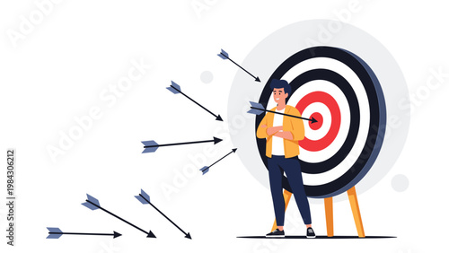 Focused businessman standing confidently in front of a large bullseye target while several arrows miss their mark and fall.