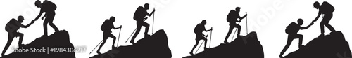 Collection of black hiker silhouettes climbing rocky terrain and assisting partners on steep slopes for travel concepts.