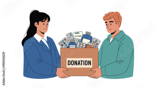 Male and female volunteers smiling while holding a cardboard box filled with donated medicines for charity and relief efforts.