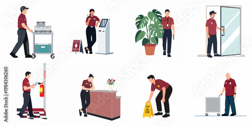 Collection of diverse service staff characters in uniforms performing hospitality and maintenance tasks in a professional setting