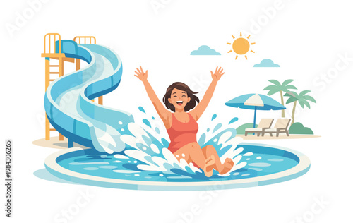 Aquatic park experience where a visitor participates in a simple water attraction, highlighting lifestyle, fun, and outdoor recreation in warm weather, visual metaphor of