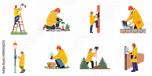 Set of illustrations showing a professional electrician installing and repairing outdoor lighting and electrical systems in various garden and street settings.