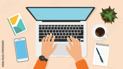 Overhead view of hands typing on a laptop keyboard at a clean desk with coffee, a smartphone, and a notebook for work.