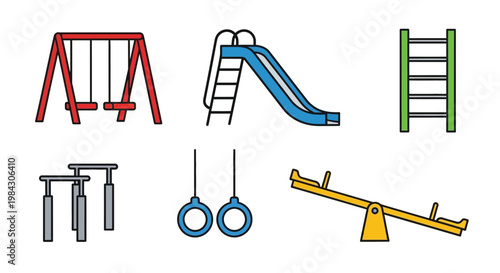 A colorful illustration depicts various playground equipment including swings slides and climbing structures presented as a flat design silhouette high quality professional detailed modern