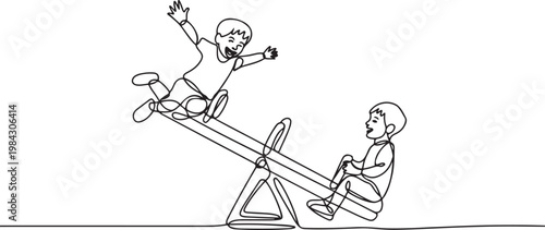 Children so happy playing seesaw. Kids playground equipment concept.one line drawing vector illustration