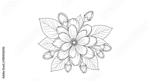 Detailed line art drawing of a beautiful flower with leaves perfect for botanical design, nature themes, and spring decorations.