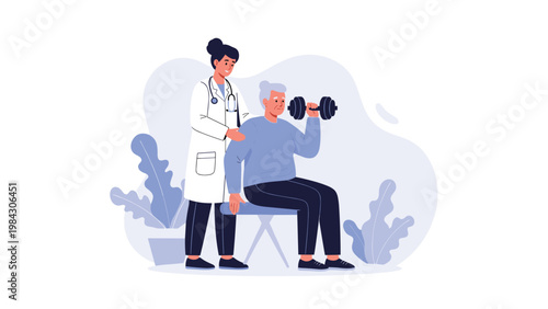 Caring young doctor assisting an elderly woman with arm exercises using a dumbbell during a physical therapy session.