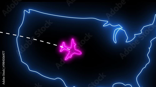 A neon airplane flies along a dotted route from the glowing outline of the United Kingdom toward the United States. The vibrant blue and pink lights create a futuristic travel and global connection co