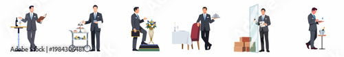 Set of professional male waiter and sommelier illustrations in various poses for restaurant service, fine dining, and hospitality themes.