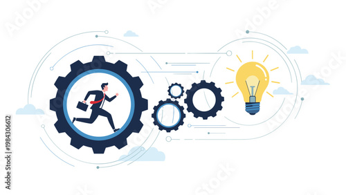 Determined businessman running inside a large mechanical gear toward a glowing lightbulb representing innovation and ideas.
