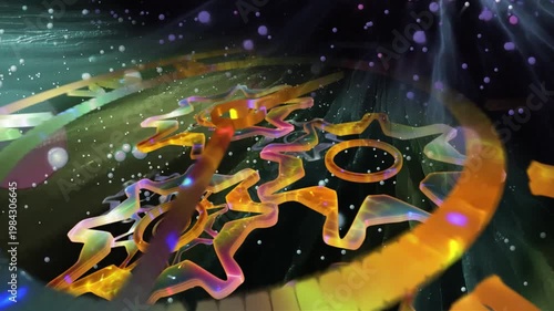 A surreal cosmic clock with rotating gears floats within a glowing galaxy, symbolizing the infinite flow of time, universal motion, and the connection between mechanics and the cosmos.
