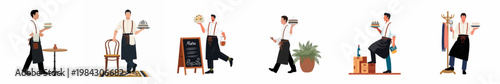 Set of professional male waiters in various service poses wearing aprons and white shirts for a restaurant or cafe setting.