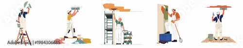 Set of professional construction workers and painters performing interior renovation, plastering walls and ceilings with various tools in a clean flat illustration style.