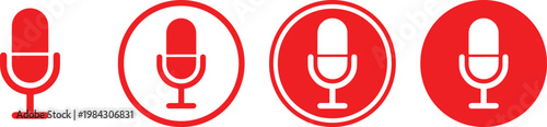 Red microphone icon set with different circular borders and solid styles representing podcasting and audio recording tech.