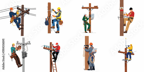 Collection of illustrations showing electrical line workers maintaining and repairing power lines on utility poles using various tools and safety equipment.