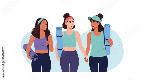 Three diverse friends walking and talking together while carrying yoga mats on their way to a fitness or yoga class.