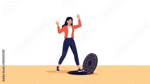 Distracted woman walking and nearly stepping into an open manhole on the street, illustrating an unexpected accident risk.