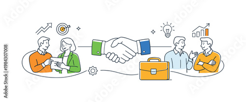 A business collaboration scenario where two parties work together to achieve shared goals and mutual success, illustrated through a clean scene featuring a handshake