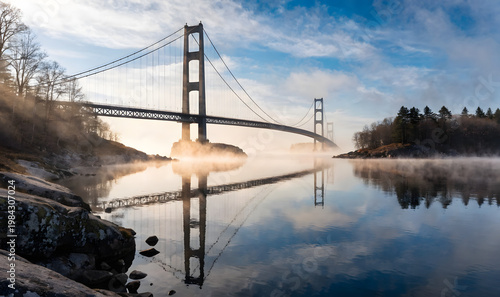 Mackinac Bridge over calm water on a foggy early morning
