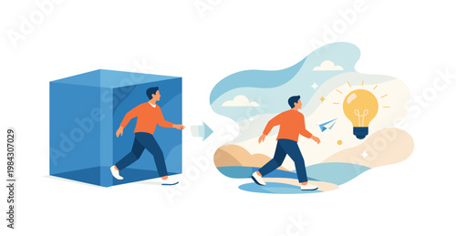 An individual stepping away from routine to think freely and generate fresh ideas, representing the mental space required for creativity and innovation, visual metaphor